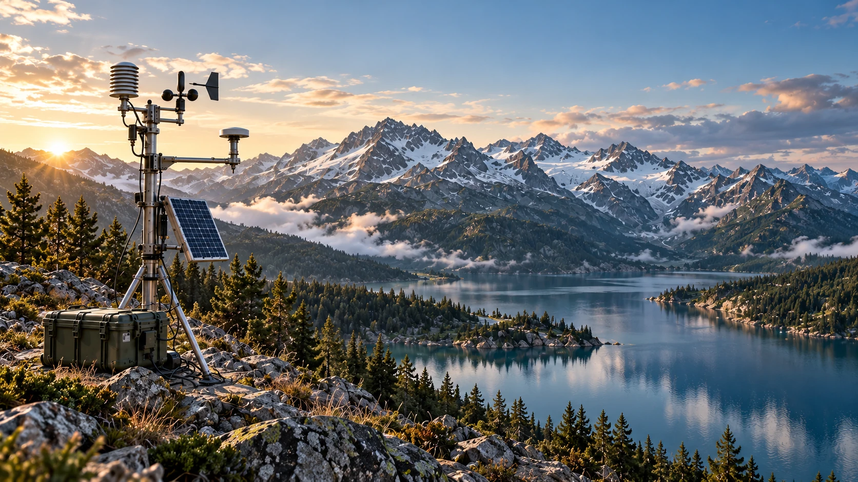 Concept scene of a satellite-connected sensor in a mountain landscape